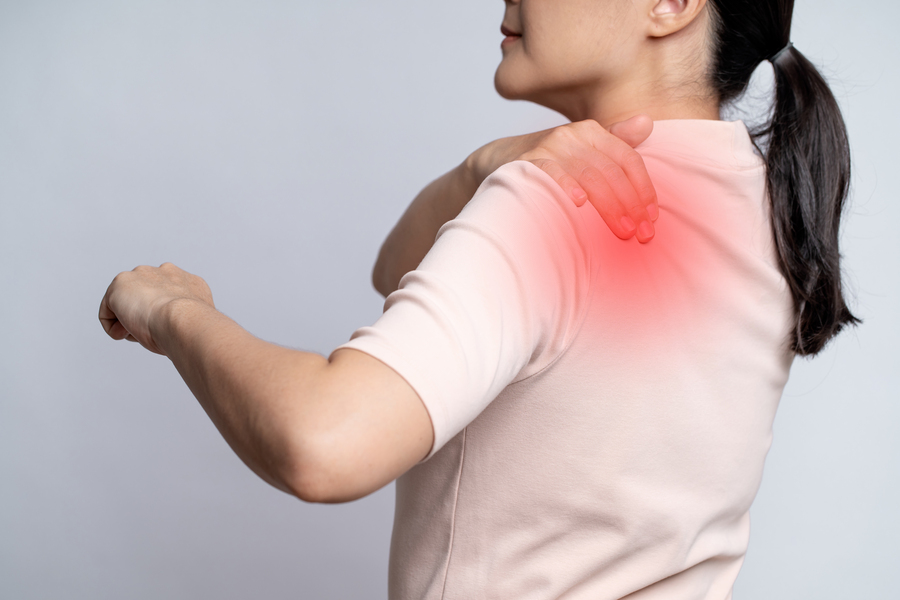 Asian woman was sick and pain touching body with red spot, isola